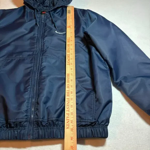 Vintage 90s NIKE Women's Size Medium Full Zip Puffer Jacket Navy Blue Spell Out - Picture 2 of 9